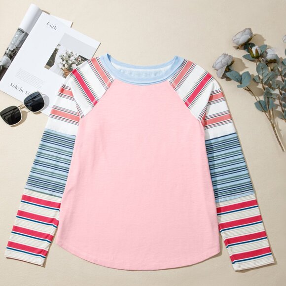 B354 Pink Color Block Round Neck Exposed Seam Patchwork Striped Long Sleeve Top - Picture 4 of 11